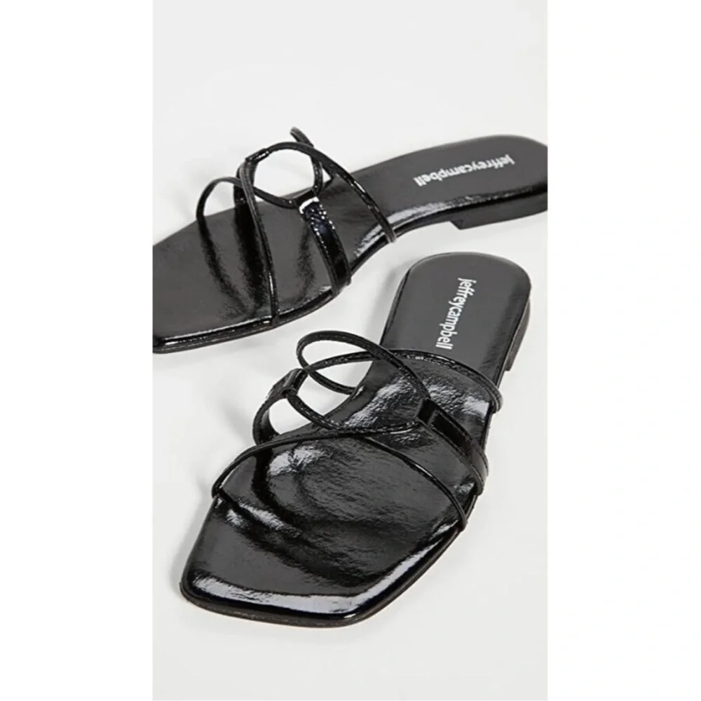 Jeffrey Campbell Addison Sandals Black Patent 100% Leather Square toe slide